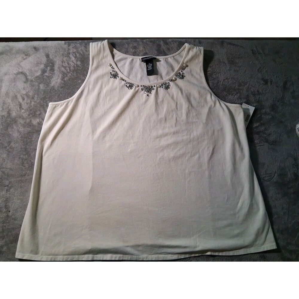 NWT Catherines Women’s 2X White Rayon Tank Top Scoop Neck Diamond & Pearls